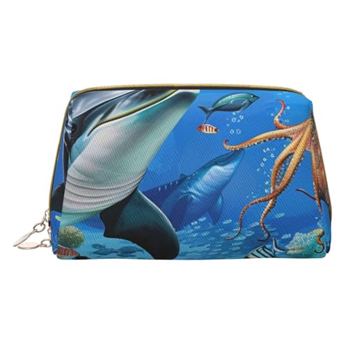 Kleine tragbare Kosmetiktasche aus Leder mit Reißverschluss, Delfine, Meeresschildkröte und Oktopus, für Damen, Weiß, Einheitsgröße, weiß, one size, Kosmetiktasche von BNVSADC