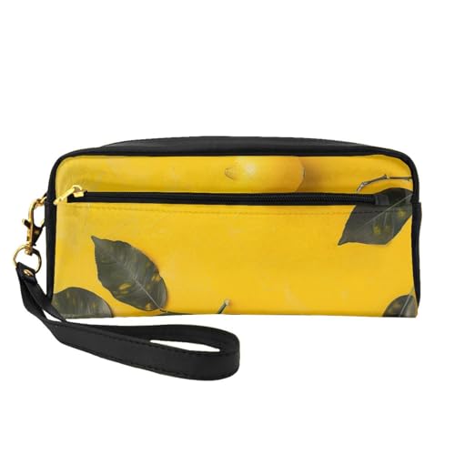 Kosmetiktasche aus Leder, mit Handschlaufe, tragbar, Reise-Kulturbeutel, Kosmetik-Organizer, Gelb Zitronengelb, 1 Stück, Schwarz , Einheitsgröße, Kosmetiktasche von BNVSADC