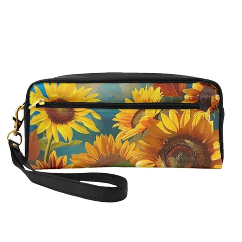 Kosmetiktasche aus Leder mit Handschlaufe, Motiv: gelbe Sonnenblumen, tragbare Reise-Kulturbeutel, Kosmetiktasche für Damen, Schwarz , Einheitsgröße, Kosmetiktasche von BNVSADC