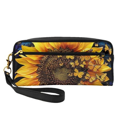 Kosmetiktasche aus Leder mit Sonnenblumen- und Schmetterlingen, Kunstdruck, mit Handschlaufe, tragbare Reise-Kulturbeutel, Kosmetik-Organizer-Tasche für Damen, Schwarz , Einheitsgröße, Kosmetiktasche von BNVSADC