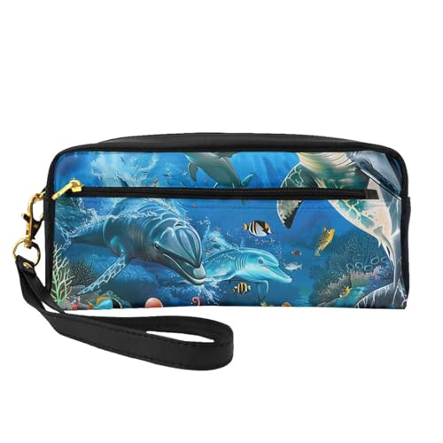 Kosmetiktasche mit Delfinen, Meeresschildkröte, Korallenriff, bedruckt, Leder, mit Handschlaufe, tragbare Reise-Kulturbeutel, Kosmetik-Organizer-Tasche für Damen, Schwarz , Einheitsgröße von BNVSADC