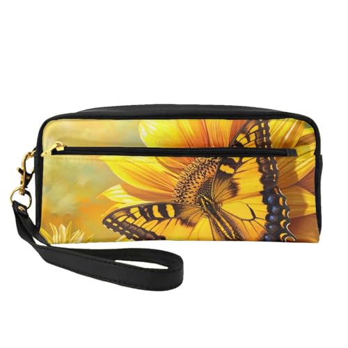 Kosmetiktasche mit Sonnenblumen-Motiv, bedruckt, Leder, mit Handschlaufe, tragbare Reise-Kulturbeutel, Kosmetik-Organizer-Tasche für Damen, Schwarz , Einheitsgröße, Kosmetiktasche von BNVSADC