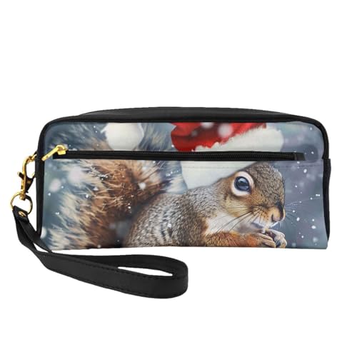 Kosmetiktasche mit Weihnachts-Eichhörnchen-Motiv, bedrucktes Leder, mit Handschlaufe, tragbare Reise-Kulturbeutel, Kosmetik-Organizer-Tasche für Damen, Schwarz , Einheitsgröße, Kosmetiktasche von BNVSADC