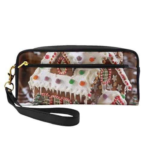 Kosmetiktasche mit Weihnachtsmotiv, Lebkuchenähnliches Dorfhaus, bedrucktes Leder, mit Handschlaufe, tragbare Reise-Kulturbeutel, Kosmetik-Organizer-Tasche für Damen, Schwarz , Einheitsgröße, von BNVSADC