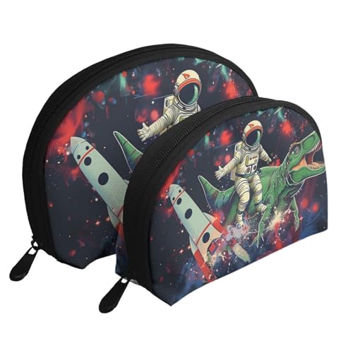Lustige Make-up-Tasche mit Astronauten-Dinosaurier-Raketen-Motiv, 2-teilig, tragbar, Reise-Kulturbeutel, Kosmetik-Organizer-Tasche für Damen, weiß, Einheitsgröße, Kosmetiktasche von BNVSADC