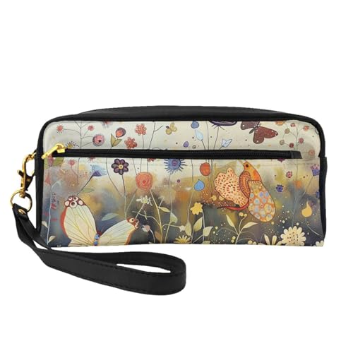 Make-up-Tasche aus Leder, Motiv: Henne fliegende Schmetterlinge unter Blumen, mit Handschlaufe, tragbare Reise-Kulturbeutel, Kosmetik-Organizer-Tasche für Damen, Schwarz , Einheitsgröße von BNVSADC
