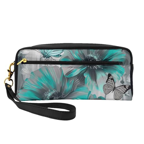 Make-up-Tasche aus Leder, mit Handschlaufe, tragbar, Reise-Kulturbeutel, Kosmetik-Organizer, Grau / Blaugrün, Schwarz , Einheitsgröße, Kosmetiktasche von BNVSADC