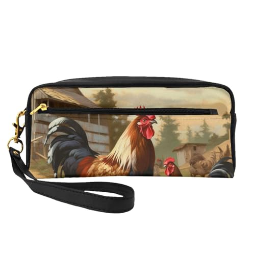 Make-up-Tasche aus Leder mit Bauernhof-Aufdruck, Huhn und Hahn, mit Handschlaufe, tragbare Reise-Kulturbeutel, Kosmetik-Organizer-Tasche für Damen, Schwarz , Einheitsgröße, Kosmetiktasche von BNVSADC