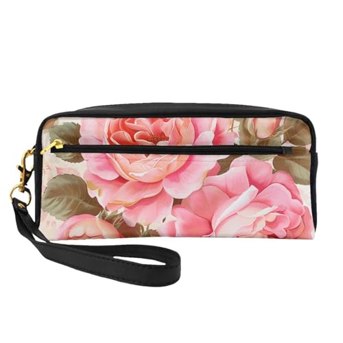 Make-up-Tasche aus Leder mit Blumenmotiv und Rosenmotiv, mit Handschlaufe, tragbare Reise-Kulturbeutel, Kosmetik-Organizer-Tasche für Damen, Schwarz , Einheitsgröße, Kosmetiktasche von BNVSADC