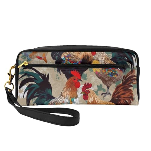 Make-up-Tasche aus Leder mit Hahn- und Huhn-Aufdruck, mit Handschlaufe, tragbare Reise-Kulturbeutel, Kosmetik-Organizer-Tasche für Damen, Schwarz , Einheitsgröße, Kosmetiktasche von BNVSADC