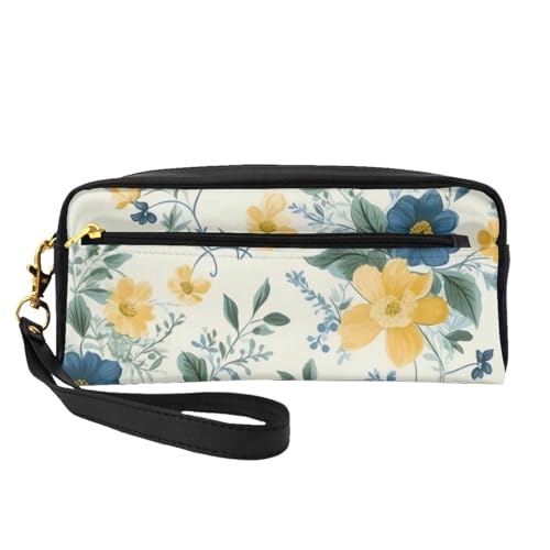 Make-up-Tasche aus Leder mit Handgelenkschlaufe, tragbar, Reise-Kulturbeutel, Kosmetik-Organizer, Blau mit gelbem Blumenmuster, Schwarz , Einheitsgröße, Kosmetiktasche von BNVSADC