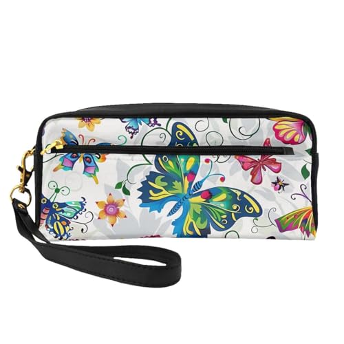 Make-up-Tasche aus Leder mit Handgelenkschlaufe, tragbar, Reise-Kulturbeutel, Kosmetik-Organizer, Weiß mit Blumenmuster und bunten Schmetterlingen, Schwarz , Einheitsgröße, Kosmetiktasche von BNVSADC