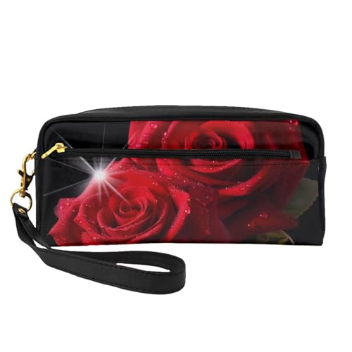 Make-up-Tasche aus Leder mit Handschlaufe, Motiv: Rote Rosen, tragbar, Reise-Kulturbeutel, Kosmetik-Organizer-Tasche für Damen, Schwarz , Einheitsgröße, Kosmetiktasche von BNVSADC