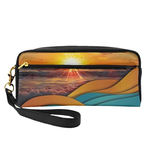 Make-up-Tasche aus Leder mit Handschlaufe, Motiv: Sonnenuntergang und Sonnenaufgang mit Meereswellen, tragbar, Reise-Kulturbeutel, Kosmetik-Organizer-Tasche für Damen, Schwarz , Einheitsgröße von BNVSADC