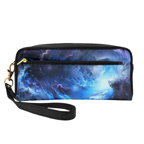 Make-up-Tasche aus Leder mit Handschlaufe, Motiv: blaue Galaxie, tragbare Reise-Kulturbeutel, Kosmetik-Organizer-Tasche für Damen, Schwarz , Einheitsgröße, Kosmetiktasche von BNVSADC