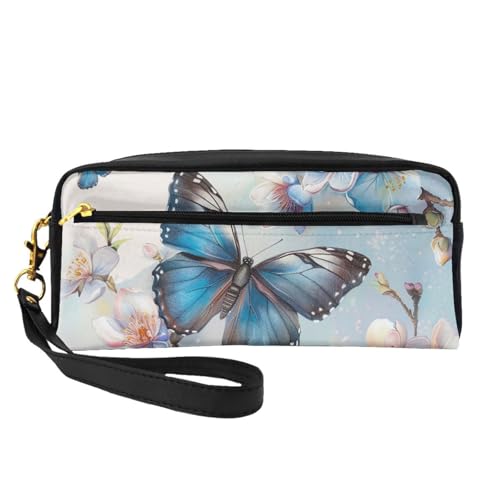 Make-up-Tasche aus Leder mit Handschlaufe, Motiv: blauer Schmetterling auf Blüten, mit Handschlaufe, Reise-Kulturbeutel, Kosmetik-Organizer-Tasche für Damen, Schwarz , Einheitsgröße, Kosmetiktasche von BNVSADC
