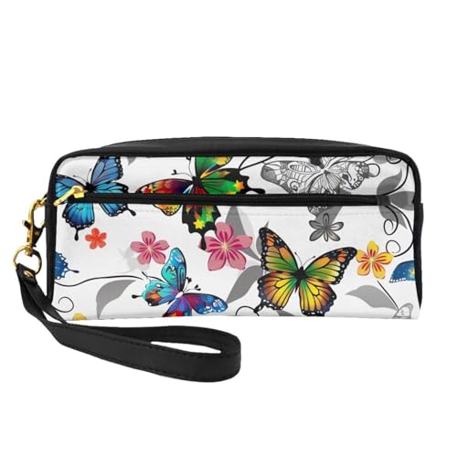 Make-up-Tasche aus Leder mit Handschlaufe, Motiv: bunte Schmetterlinge, mit Handschlaufe, tragbar, Reise-Kulturbeutel, Kosmetik-Organizer für Damen, Weiß, Schwarz , Einheitsgröße, Kosmetiktasche von BNVSADC