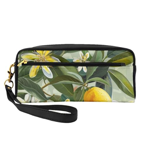 Make-up-Tasche aus Leder mit Handschlaufe, tragbar, Reise-Kulturbeutel, Kosmetik-Organizer, Gelb mit Zitronenblüten, Schwarz , Einheitsgröße, Kosmetiktasche von BNVSADC