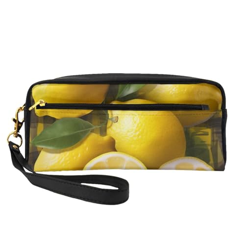 Make-up-Tasche aus Leder mit Handschlaufe, tragbar, Reise-Kulturbeutel, Kosmetik-Organizer, Gelb mit Zitronengelb, Schwarz , Einheitsgröße, Kosmetiktasche von BNVSADC
