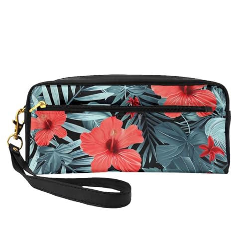 Make-up-Tasche aus Leder mit Handschlaufe, tragbar, Reise-Kulturbeutel, Kosmetik-Organizer, Rot mit Hibiskus, Schwarz , Einheitsgröße, Kosmetiktasche von BNVSADC