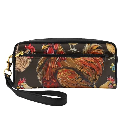 Make-up-Tasche aus Leder mit Hühneraufdruck, mit Handschlaufe, tragbare Reise-Kulturbeutel, Kosmetik-Organizer-Tasche für Damen, Schwarz , Einheitsgröße, Kosmetiktasche von BNVSADC