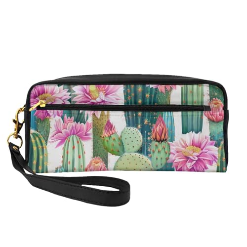 Make-up-Tasche aus Leder mit Motiv "Blooming Cacti", mit Handschlaufe, tragbar, Reise-Kulturbeutel, Kosmetik-Organizer-Tasche für Damen, Schwarz , Einheitsgröße, Kosmetiktasche von BNVSADC