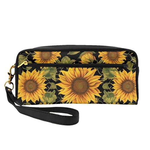 Make-up-Tasche aus Leder mit Sonnenblumenmuster, mit Handschlaufe, tragbare Reise-Kulturbeutel, Kosmetik-Organizer-Tasche für Damen, Schwarz , Einheitsgröße, Kosmetiktasche von BNVSADC