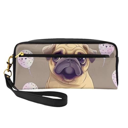 Make-up-Tasche aus Leder mit lustigem Cartoon-Motiv und Mops-Motiv, mit Handschlaufe, tragbare Reise-Kulturbeutel, Kosmetik-Organizer-Tasche für Damen, Schwarz , Einheitsgröße, Kosmetiktasche von BNVSADC