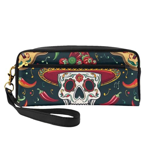 Make-up-Tasche aus Leder mit mexikanischem Totenkopf-Motiv, mit Handschlaufe, tragbare Reise-Kulturbeutel, Kosmetik-Organizer-Tasche für Damen, Schwarz , Einheitsgröße, Kosmetiktasche von BNVSADC