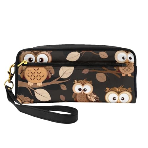 Make-up-Tasche aus Leder mit niedlichem Cartoon-Eulen-Motiv, mit Handschlaufe, tragbar, Reise-Kulturbeutel, Kosmetik-Organizer-Tasche für Damen, Schwarz , Einheitsgröße, Kosmetiktasche von BNVSADC