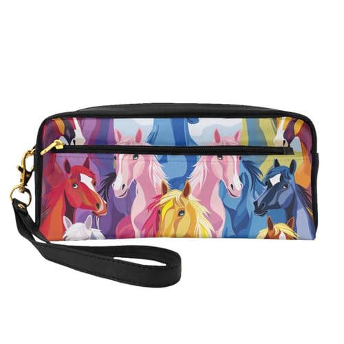 Make-up-Tasche aus Leder mit niedlichem Cartoon-Pferde-Motiv, mit Handschlaufe, tragbare Reise-Kulturbeutel, Kosmetik-Organizer-Tasche für Damen, Schwarz , Einheitsgröße, Kosmetiktasche von BNVSADC