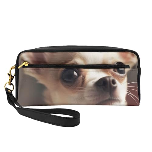 Make-up-Tasche aus Leder mit niedlichem Chihuahua-Motiv, mit Handschlaufe, tragbare Reise-Kulturbeutel, Kosmetik-Organizer-Tasche für Damen, Schwarz , Einheitsgröße, Kosmetiktasche von BNVSADC