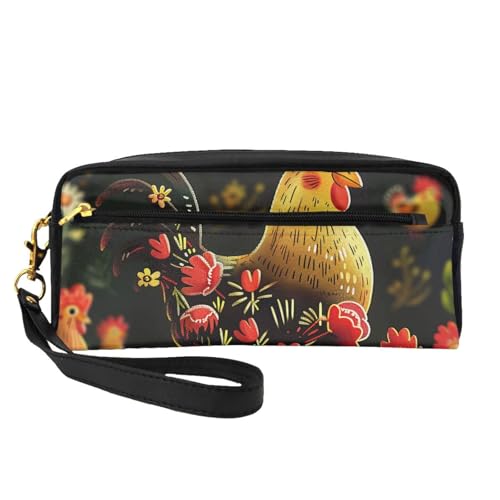 Make-up-Tasche aus Leder mit niedlichem Hahn-Huhn-Motiv, mit Handschlaufe, tragbare Reise-Kulturbeutel, Kosmetik-Organizer-Tasche für Damen, Schwarz , Einheitsgröße, Kosmetiktasche von BNVSADC