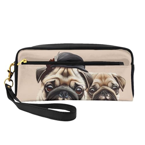 Make-up-Tasche aus Leder mit niedlichem Mops-Motiv, mit Handschlaufe, tragbare Reise-Kulturbeutel, Kosmetik-Organizer-Tasche für Damen, Schwarz , Einheitsgröße, Kosmetiktasche von BNVSADC