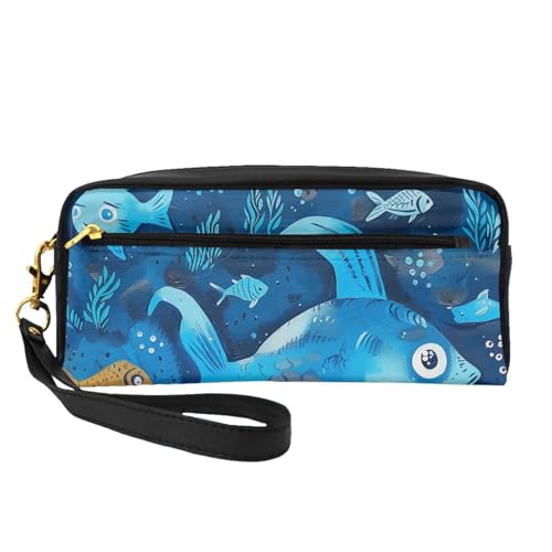 Make-up-Tasche aus Leder mit süßem blauen Fisch-Druck, mit Handschlaufe, tragbare Reise-Kulturbeutel, Kosmetik-Organizer-Tasche für Damen, Schwarz , Einheitsgröße, Kosmetiktasche von BNVSADC