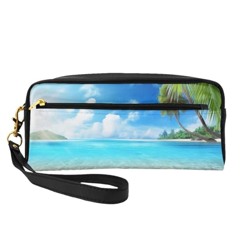 Make-up-Tasche aus Leder mit tropischem Strandpflanzen-Motiv, bedruckt, mit Handgelenkschlaufe, tragbare Reise-Kulturbeutel, Kosmetik-Organizer-Tasche für Damen, Schwarz , Einheitsgröße, von BNVSADC