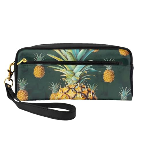 Make-up-Tasche aus Leder mit tropischen Früchten, Ananas, bedruckt, mit Handschlaufe, tragbare Reise-Kulturbeutel, Kosmetik-Organizer-Tasche für Damen, Schwarz , Einheitsgröße, Kosmetiktasche von BNVSADC