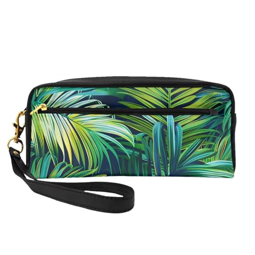 Make-up-Tasche aus Leder mit tropischen Palmenblättern, mit Handschlaufe, tragbar, Reise-Kulturbeutel, Kosmetik-Organizer-Tasche für Damen, Schwarz , Einheitsgröße, Kosmetiktasche von BNVSADC