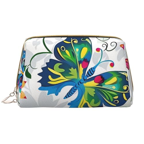 Make-up-Tasche für Damen, Leder, mit buntem Schmetterlings-Motiv, tragbar, mit Reißverschluss, Weiß, weiß, Einheitsgröße, Kosmetiktasche von BNVSADC