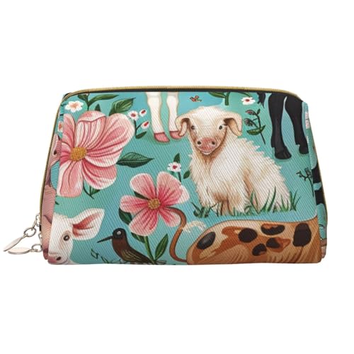 Make-up-Tasche für Damen, Motiv: Bauernhoftiere, tragbar, Leder, Reise-Reißverschluss, Kosmetiktasche, weiß, Einheitsgröße, Kosmetiktasche von BNVSADC