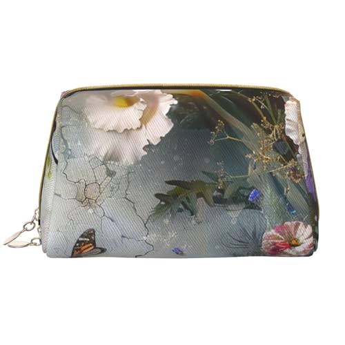 Make-up-Tasche für Damen, Motiv: Blumen und Schmetterlinge, tragbar, Leder, Reise-Reißverschluss, Kosmetiktasche, weiß, Einheitsgröße, Kosmetiktasche von BNVSADC