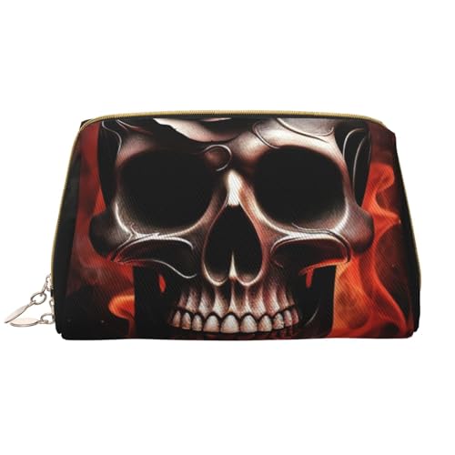 Make-up-Tasche für Damen, Motiv: Feuerschädel und Rosen, tragbar, Leder, Reise-Reißverschluss, Kosmetiktasche, weiß, Einheitsgröße, Kosmetiktasche von BNVSADC
