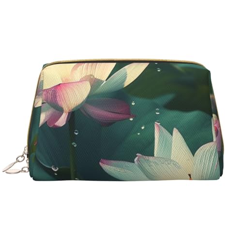 Make-up-Tasche für Damen, Motiv: Lotusblumen, tragbar, Leder, Reise-Reißverschluss, Kosmetiktasche, weiß, Einheitsgröße, Kosmetiktasche von BNVSADC