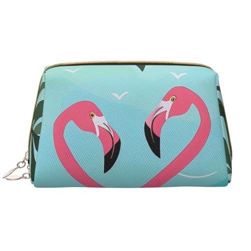 Make-up-Tasche für Damen, Motiv: Palmblatt und Flamingos, tragbar, Leder, mit Reißverschluss, Kosmetiktasche, weiß, Einheitsgröße, Kosmetiktasche von BNVSADC