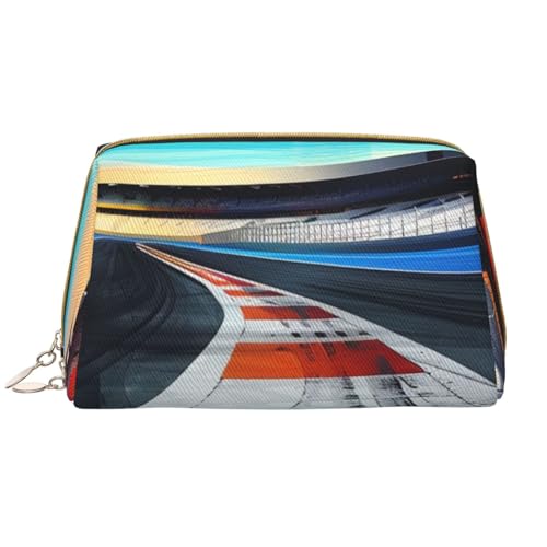 Make-up-Tasche für Damen, Motiv: Rennstrecke, tragbar, Leder, Reise-Reißverschluss, Kosmetiktasche, weiß, Einheitsgröße, Kosmetiktasche von BNVSADC