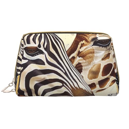Make-up-Tasche für Damen, Zebra- und Giraffenmotiv, tragbar, Leder, Reise-Reißverschluss, Kosmetiktasche, weiß, Einheitsgröße, Kosmetiktasche von BNVSADC