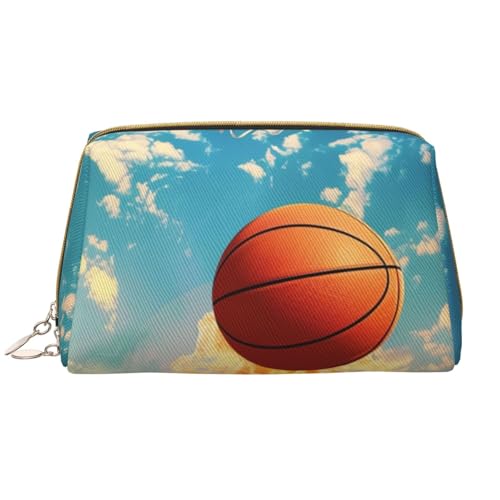 Make-up-Tasche für Damen, mit Basketball-Motiv, tragbar, Leder, Reise-Reißverschluss, Kosmetiktasche, weiß, Einheitsgröße, Kosmetiktasche von BNVSADC