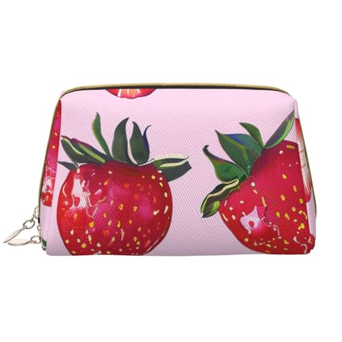 Make-up-Tasche für Damen, mit Erdbeeren-Motiv, tragbar, Leder, Reise-Reißverschluss, Kosmetiktasche, weiß, Einheitsgröße, Kosmetiktasche von BNVSADC