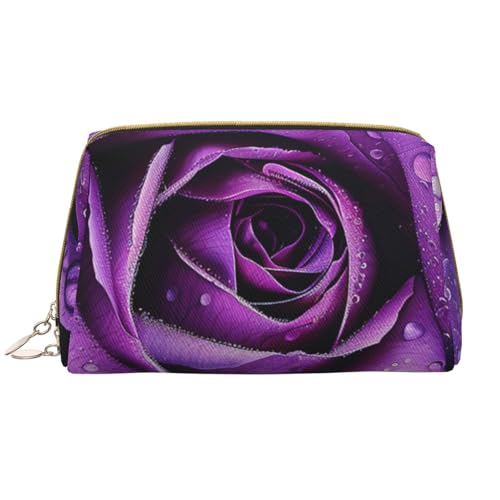 Make-up-Tasche für Damen, mit violettem Rosenmuster, tragbar, Leder, Reise-Reißverschluss, Kosmetiktasche, weiß, Einheitsgröße, Kosmetiktasche von BNVSADC