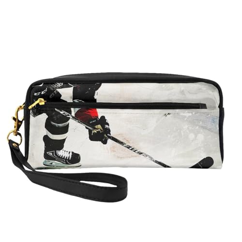 Make-up-Tasche mit Eishockey-Kunstdruck, Leder, mit Handschlaufe, tragbare Reise-Kulturbeutel, Kosmetik-Organizer-Tasche für Damen, Schwarz , Einheitsgröße, Kosmetiktasche von BNVSADC